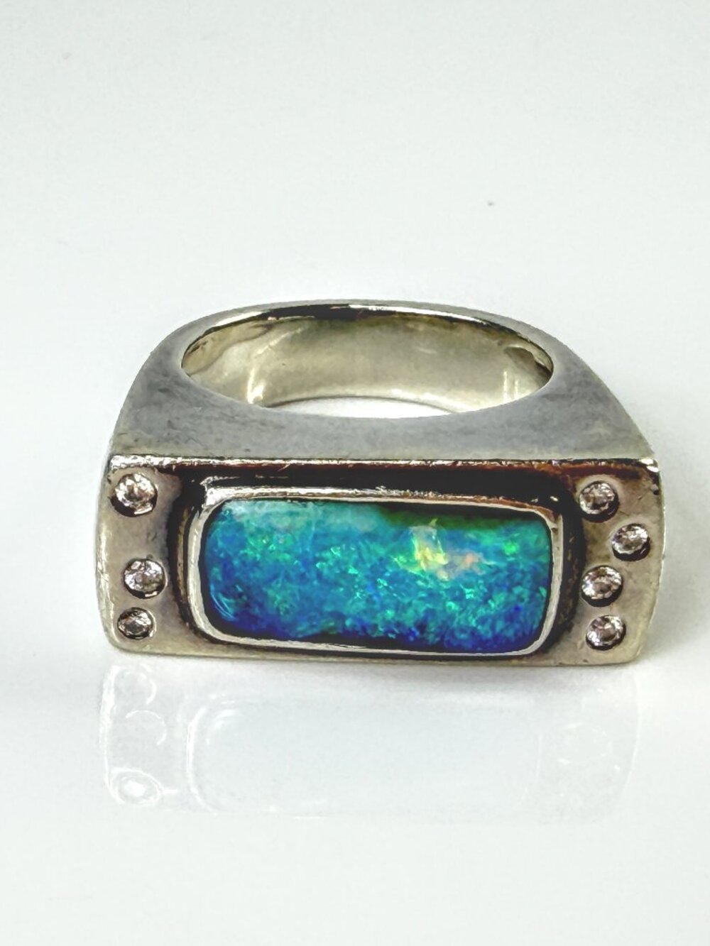 Handmade Sterling Silver Opal Diamond Modernist Statement Ring Size 7 13g JR2173